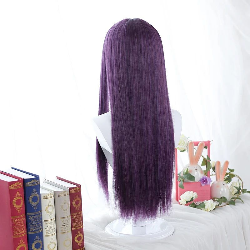 LANLAN Long Straight Purple Wig With Bangs Synthetic Hair Wigs Bang With Wig For Women Lolita Anime Cosplay Heat Resistant Wigs