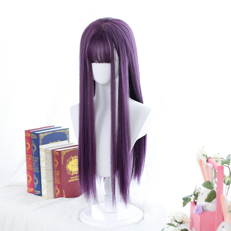 LANLAN Long Straight Purple Wig With Bangs Synthetic Hair Wigs Bang With Wig For Women Lolita Anime Cosplay Heat Resistant Wigs