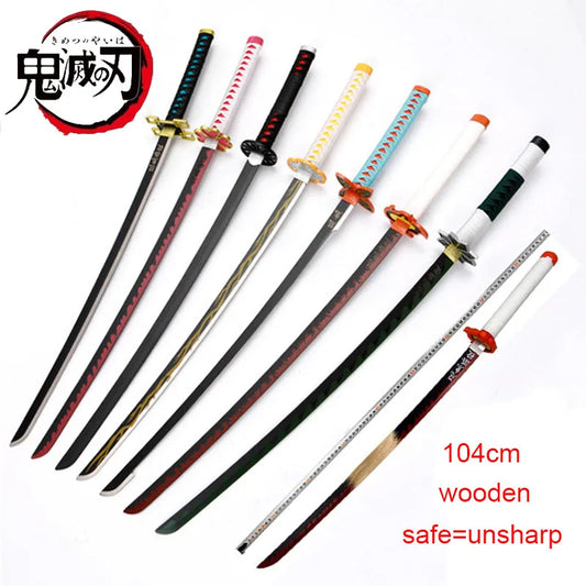 Demon Slayer Katana 104cm Tanjirou Zenitsu Wooden Sword Anime Ghost Killer Blunt Cosplay Props Weapon Model Kids Toy Ninja Blade