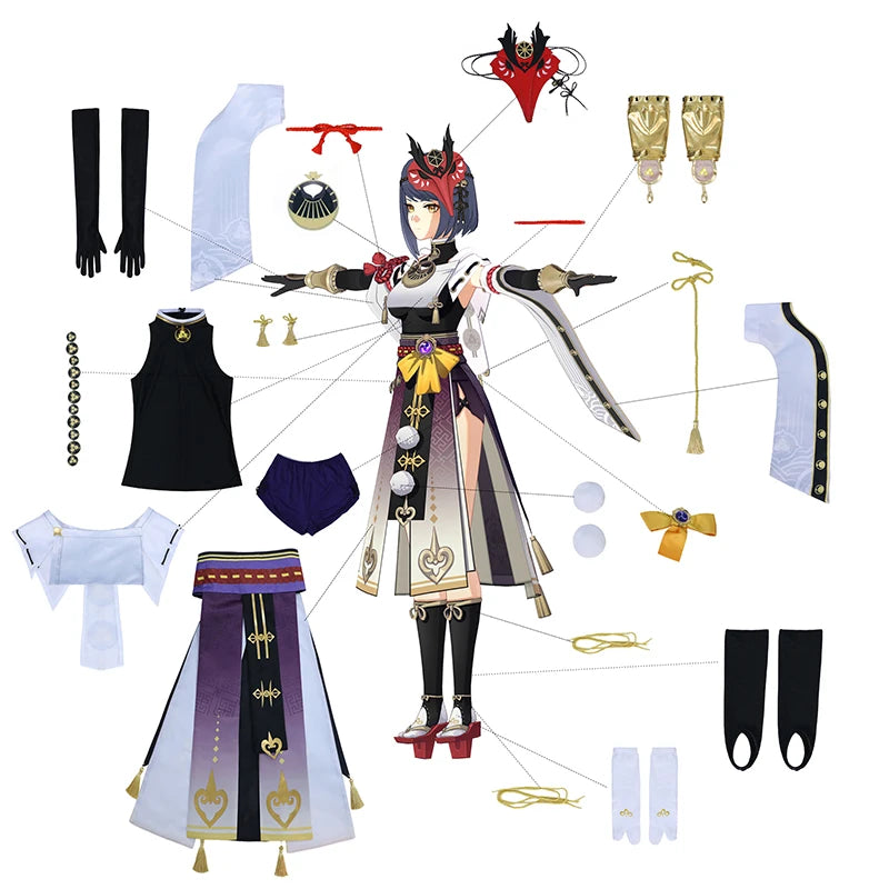 ROLECOS Kujou Sara Cosplay Costume Genshin Impact Sara Cosplay Costume Women Dress Outfits Halloween Full Set with Red Headwear