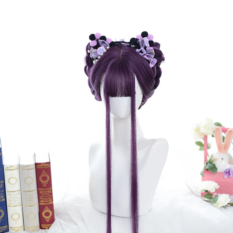 LANLAN Long Straight Purple Wig With Bangs Synthetic Hair Wigs Bang With Wig For Women Lolita Anime Cosplay Heat Resistant Wigs